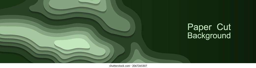 Paper cut topography background. Green area relief map with hills and mountain, or islands in ocean. Origami 3d multi layers. Modern trandy paper design for banner. Vector illustration