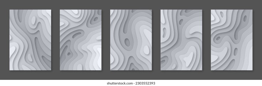 Paper cut topography relief imitation soft banners set. Gray multi layers in gradient texture. Abstract papercut, topographic map, background vector illustration