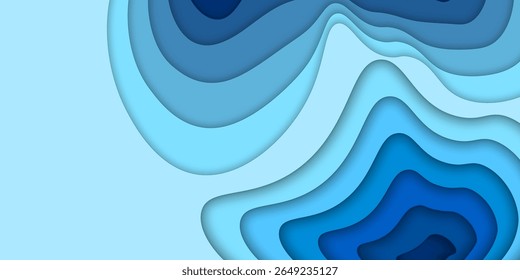 Paper cut topography relief imitation, blue colors multi layers banner. Abstract water flowing liquid texture art design, origami paper cut layer smooth shape vector illustration