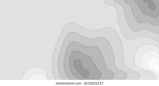 Paper cut topography relief imitation, white grey colors multi layers banner. Abstract water flowing liquid texture art design, origami paper cut layer smooth shape vector illustration.