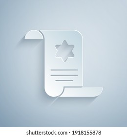 Paper cut Torah scroll icon isolated on grey background. Jewish Torah in expanded form. Star of David symbol. Old parchment scroll. Paper art style. Vector.