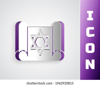 Paper cut Torah scroll icon isolated on grey background. Jewish Torah in expanded form. Star of David symbol. Old parchment scroll. Paper art style. Vector
