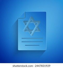 Paper cut Torah scroll icon isolated on blue background. Jewish Torah in expanded form. Star of David symbol. Old parchment scroll. Paper art style. Vector