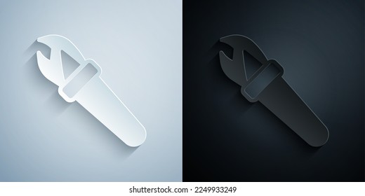 Paper cut Torch flame icon isolated on grey and black background. Symbol fire hot, flame power, flaming and heat. Paper art style. Vector