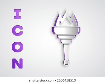 Paper cut Torch flame icon isolated on grey background. Symbol fire hot, flame power, flaming and heat. Paper art style. Vector