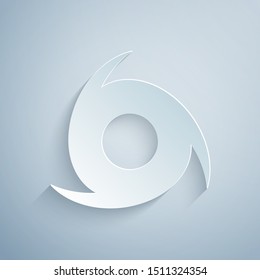 Paper cut Tornado icon isolated on grey background. Cyclone, whirlwind, storm funnel, hurricane wind or twister weather icon. Paper art style. Vector Illustration