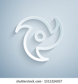 Paper cut Tornado icon isolated on grey background. Cyclone, whirlwind, storm funnel, hurricane wind or twister weather icon. Paper art style. Vector Illustration