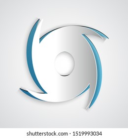 Paper cut Tornado icon isolated on grey background. Cyclone, whirlwind, storm funnel, hurricane wind or twister weather icon. Paper art style. Vector Illustration