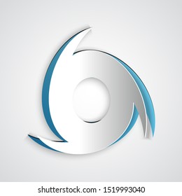 Paper cut Tornado icon isolated on grey background. Cyclone, whirlwind, storm funnel, hurricane wind or twister weather icon. Paper art style. Vector Illustration