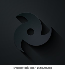 Paper cut Tornado icon isolated on black background. Cyclone, whirlwind, storm funnel, hurricane wind or twister weather icon. Paper art style. Vector Illustration