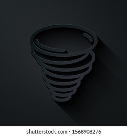 Paper cut Tornado icon isolated on black background. Cyclone, whirlwind, storm funnel, hurricane wind or twister weather icon. Paper art style. Vector Illustration