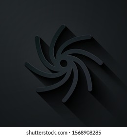Paper cut Tornado icon isolated on black background. Cyclone, whirlwind, storm funnel, hurricane wind or twister weather icon. Paper art style. Vector Illustration