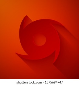 Paper cut Tornado icon isolated on red background. Cyclone, whirlwind, storm funnel, hurricane wind or twister weather icon. Paper art style. Vector Illustration