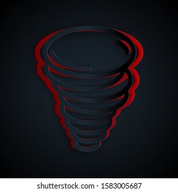 Paper cut Tornado icon isolated on black background. Cyclone, whirlwind, storm funnel, hurricane wind or twister weather icon. Paper art style. Vector Illustration
