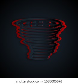 Paper cut Tornado icon isolated on black background. Cyclone, whirlwind, storm funnel, hurricane wind or twister weather icon. Paper art style. Vector Illustration