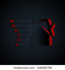 Paper cut Tornado swirl damages house roof icon isolated on black background. Cyclone, whirlwind, storm funnel, hurricane wind icon. Paper art style. Vector Illustration