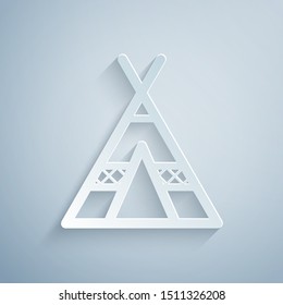 Paper cut Tourist tent icon isolated on grey background. Camping symbol. Paper art style. Vector Illustration