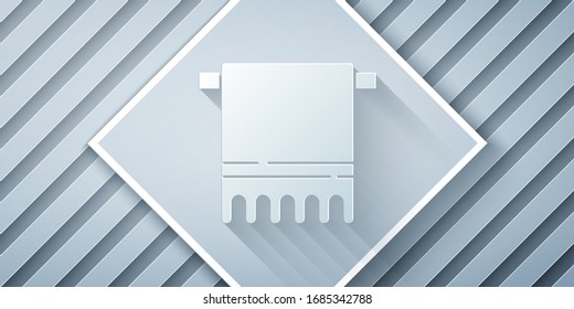 Paper cut Towel on a hanger icon isolated on grey background. Bathroom towel icon. Paper art style. Vector Illustration
