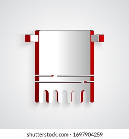 Paper cut Towel on a hanger icon isolated on grey background. Bathroom towel icon. Paper art style. Vector Illustration