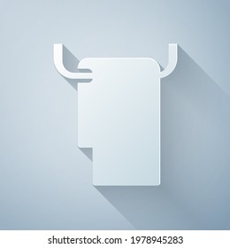Paper cut Towel on a hanger icon isolated on grey background. Bathroom towel icon. Paper art style. Vector Illustration