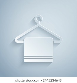 Paper cut Towel on a hanger icon isolated on grey background. Bathroom towel icon. Paper art style. Vector Illustration