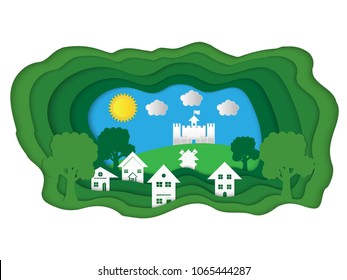 paper cut of town with castle and nature on green forest,paper art concept