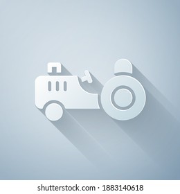 Paper cut Tractor icon isolated on grey background. Paper art style. Vector