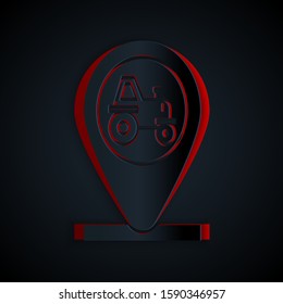 Paper cut Tractor and location icon isolated on black background. Paper art style. Vector Illustration
