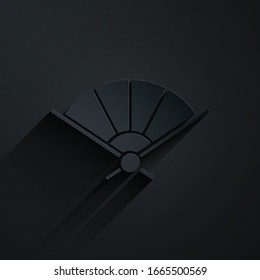 Paper cut Traditional paper chinese or japanese folding fan icon isolated on black background. Paper art style. Vector Illustration