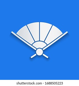 Paper cut Traditional paper chinese or japanese folding fan icon isolated on blue background. Paper art style. Vector Illustration