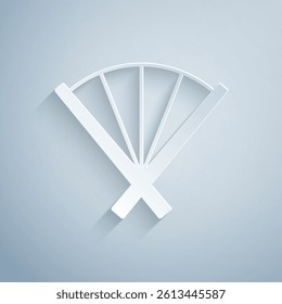 Paper cut Traditional paper chinese or japanese folding fan icon isolated on grey background. Paper art style. Vector