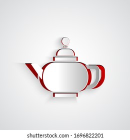 Paper cut Traditional Chinese tea ceremony icon isolated on grey background. Teapot with cup. Paper art style. Vector Illustration