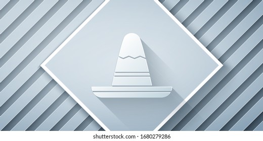 Paper cut Traditional mexican sombrero hat icon isolated on grey background. Paper art style. Vector Illustration