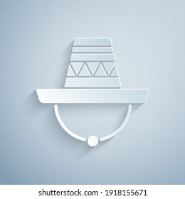 Paper cut Traditional mexican sombrero hat icon isolated on grey background. Paper art style. Vector.