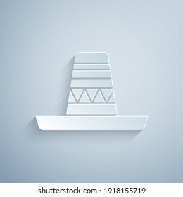 Paper cut Traditional mexican sombrero hat icon isolated on grey background. Paper art style. Vector.