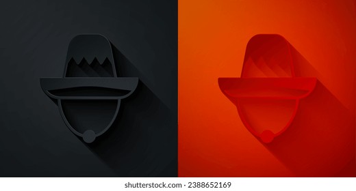 Paper cut Traditional mexican sombrero hat icon isolated on black and red background. Paper art style. Vector