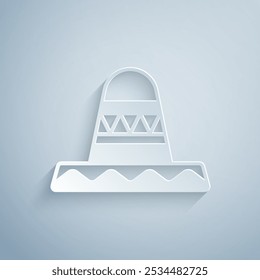 Paper cut Traditional mexican sombrero hat icon isolated on grey background. Paper art style. Vector