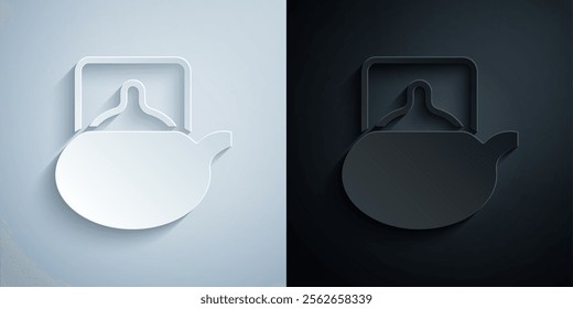 Paper cut Traditional tea ceremony icon isolated on grey and black background. Teapot with cup. Paper art style. Vector