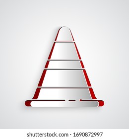 Paper cut Traffic cone icon isolated on grey background. Paper art style. Vector Illustration