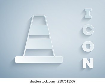 Paper cut Traffic cone icon isolated on grey background. Paper art style. Vector