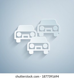 Paper cut Traffic jam on the road icon isolated on grey background. Road transport. Paper art style. Vector.