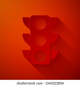 Paper cut Traffic light icon isolated on red background. Paper art style. Vector Illustration