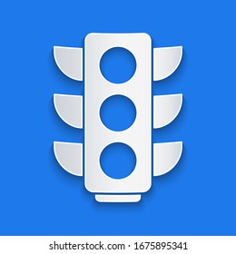 Paper cut Traffic light icon isolated on blue background. Paper art style. Vector Illustration