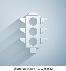 Icono de luz de tráfico de corte de papel aislado en fondo gris. Estilo de arte de papel. Vector