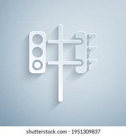 Paper cut Traffic light icon isolated on grey background. Paper art style. Vector