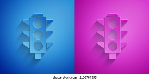 Paper cut Traffic light icon isolated on blue and purple background. Paper art style. Vector