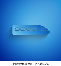 Paper cut Train icon isolated on blue background. Public transportation symbol. Subway train transport. Metro underground. Paper art style. Vector Illustration