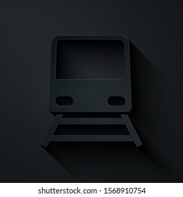 Paper cut Train icon isolated on black background. Public transportation symbol. Subway train transport. Metro underground. Paper art style. Vector Illustration