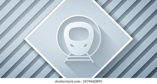 Paper cut Train and railway icon isolated on grey background. Public transportation symbol. Subway train transport. Metro underground. Paper art style. Vector