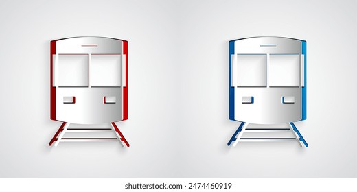 Papierschnitt Zug- und Bahnsymbol auf grauem Hintergrund isoliert. Symbol für öffentliche Verkehrsmittel. U-Bahn-Verkehr. U-Bahn-U-Bahn. Papierkunststil. Vektorgrafik